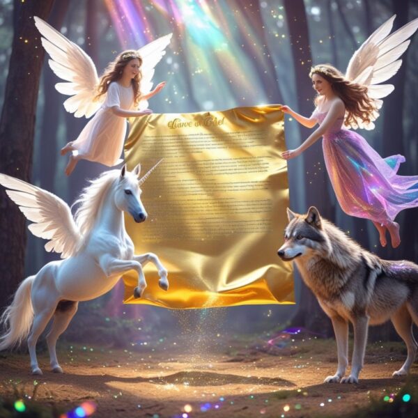 Ein goldenes Blatt schwebt in der Mitte. Oben wird es von einem Engel und einer Fee an den Ecken gehalten. Ein Pegasuseinhorn und ein Wolf stehen unten am Boden. Die Umgebung ist mystisch. alles wird von leuchtenden Farben umhüllt.