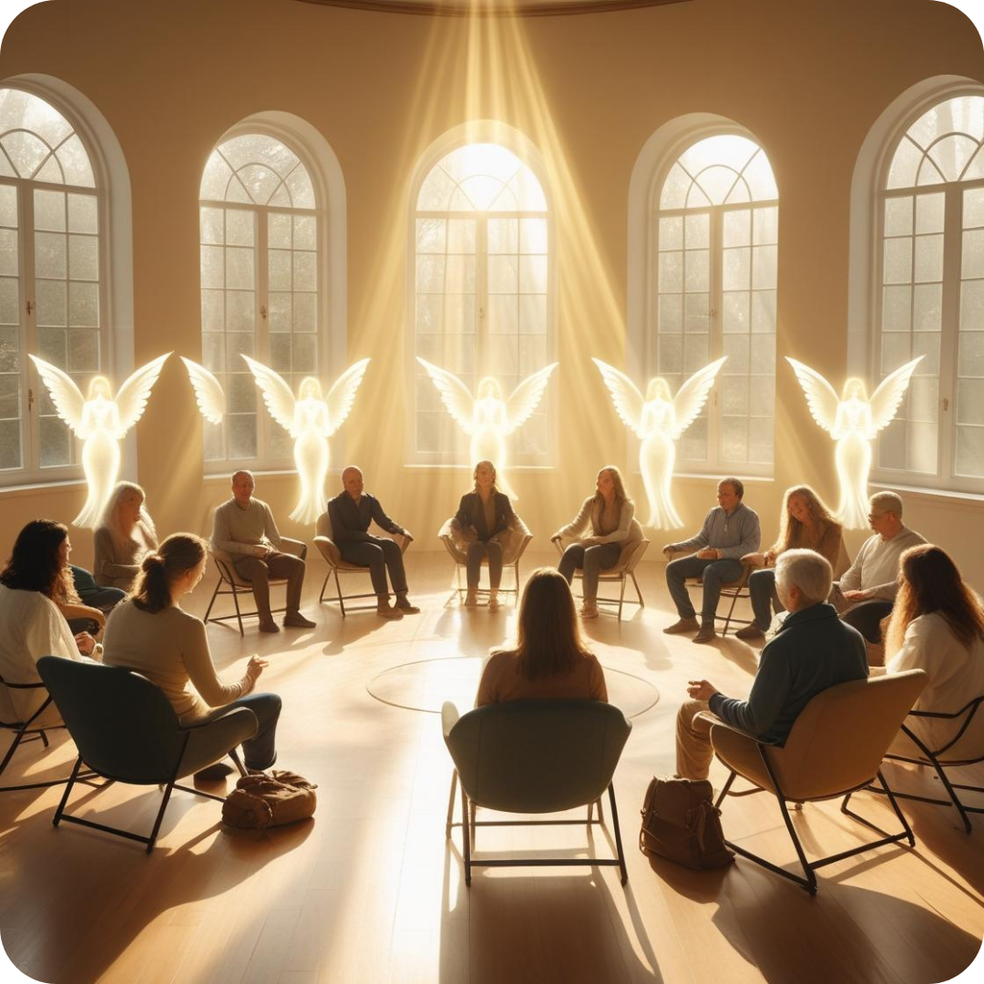 Seminar Raum menschen sitzen im Kreis mehrere Menschen sitzen kreisförmig in einem lichtdurchfluteten Seminarraum
