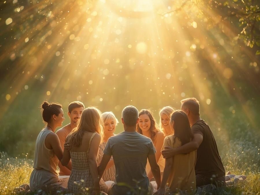 eine Gruppe von Menschen sitzen unter kräftigem Sonnenschein auf einrer Wiese im Kreis.