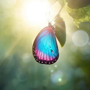 Ein bunter Schmetterling an seinem Kokon. Strahlende Sonne trocknet seine Flügel