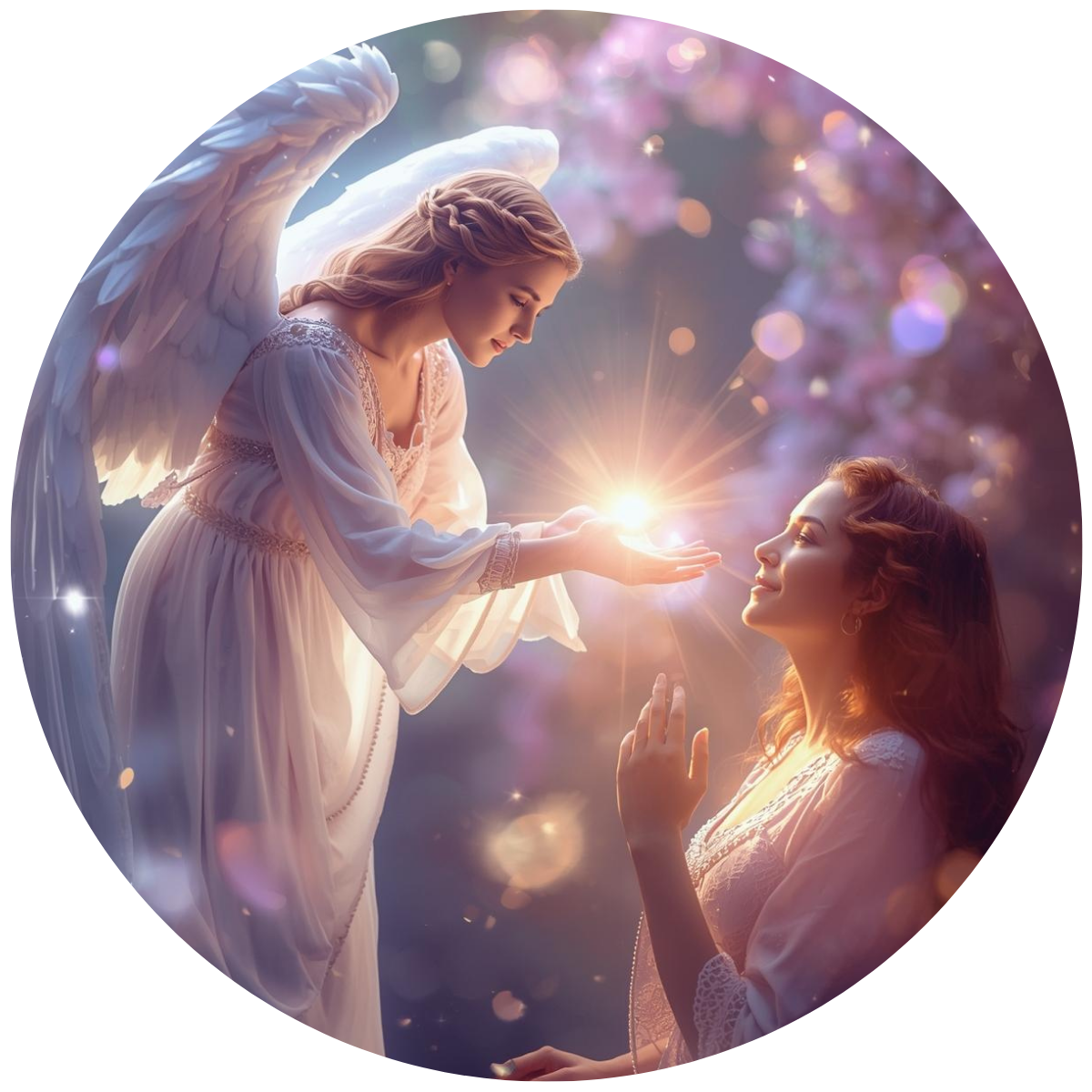 Ein lichtvoller Engel heilt eine sitzende Frau, indem er sanft Energie zu ihr fließen lässt. Die Szene ist in zarten Lavendeltönen gehalten, umgeben von schimmernden Lichteffekten. Die Atmosphäre wirkt ruhig, geborgen und spirituell.