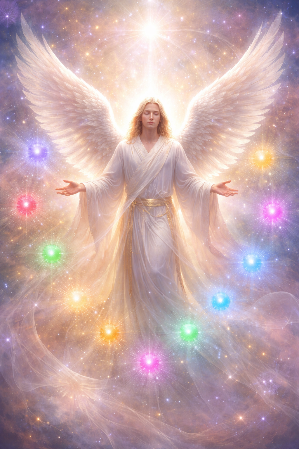 Männlicher Engel mit großen, ausgebreiteten Flügeln, umgeben von 12 schwebenden Chakren-Lichtpunkten in harmonischer Anordnung, friedlich und heilend, mit sanftem Leuchten und spiritueller Lichtenergie