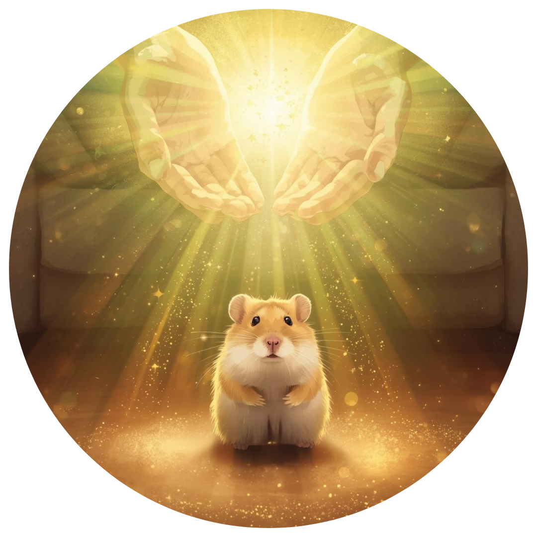 Ein Hamster in einem Wohnraum auf dem Boden. gold-gelbes Licht fließt aus 2 Handflächen von oben auf den Hamster.