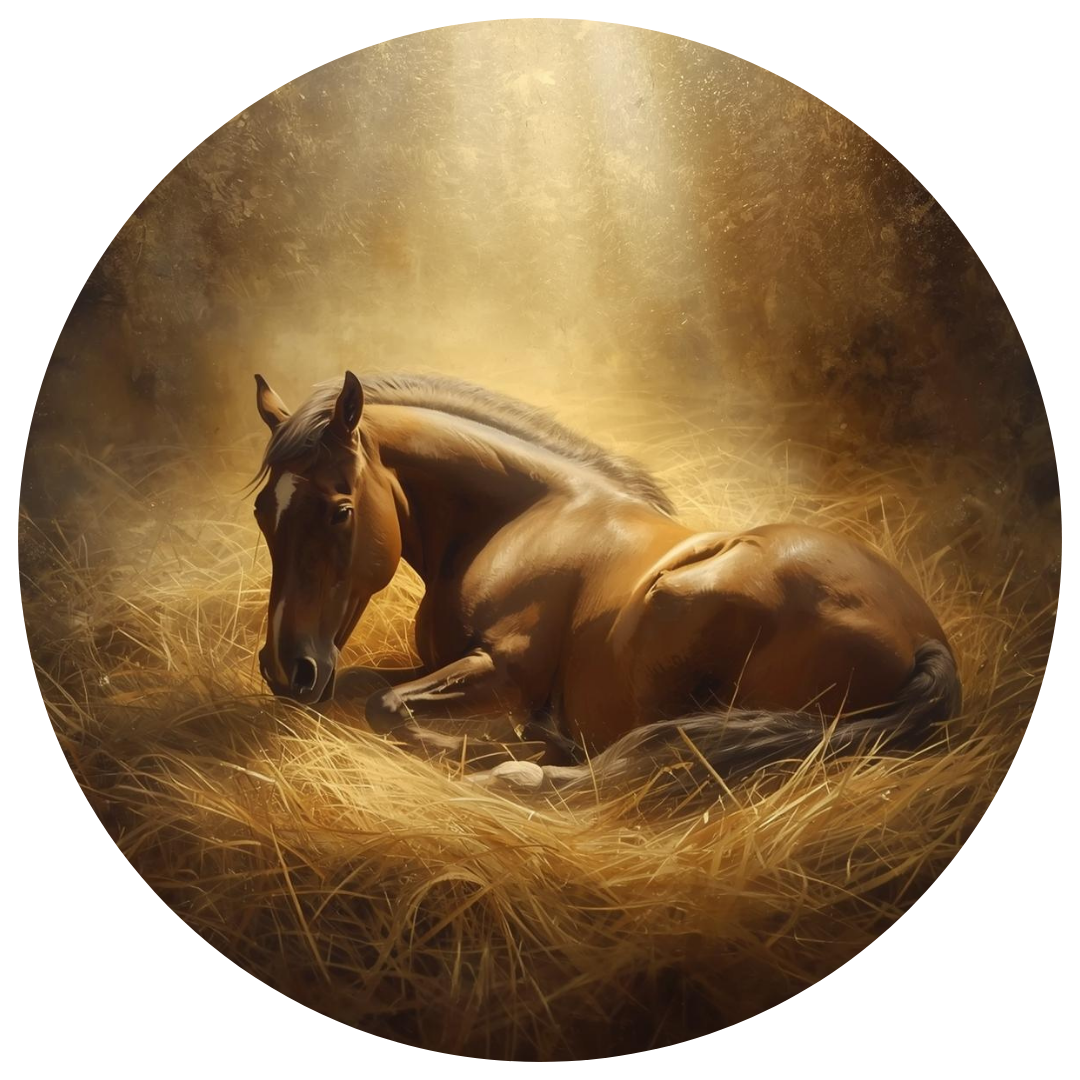 Ein braunes Pferd liegt ruhig im Stroh, ein golden funkelnder Lichtstrahl kommt von oben und umhüllt es. 