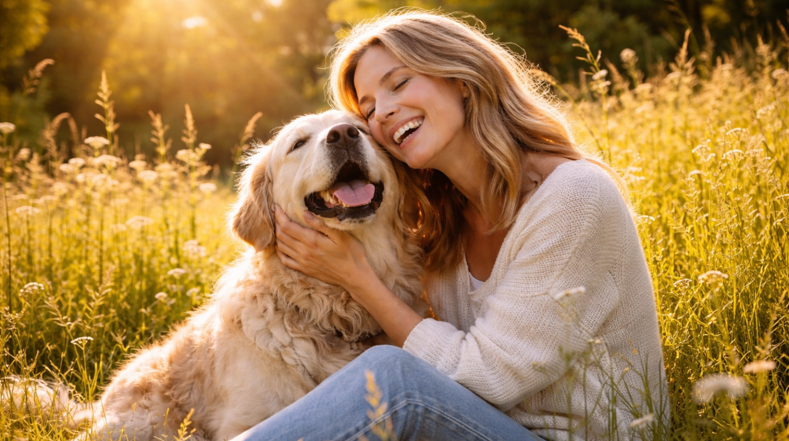 eine Frau sitzt mit ihrem hellbraunen Hund auf einer Wiese. Sie lacht herzlich.