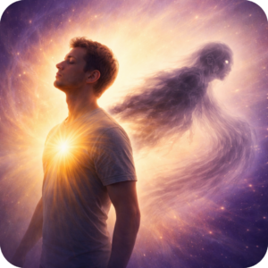 Ein Mensch seitlich im bild, Goldenes Licht strahlt auf seiner Brust, us seinem Rücken enternt sich ein Schattenwesen