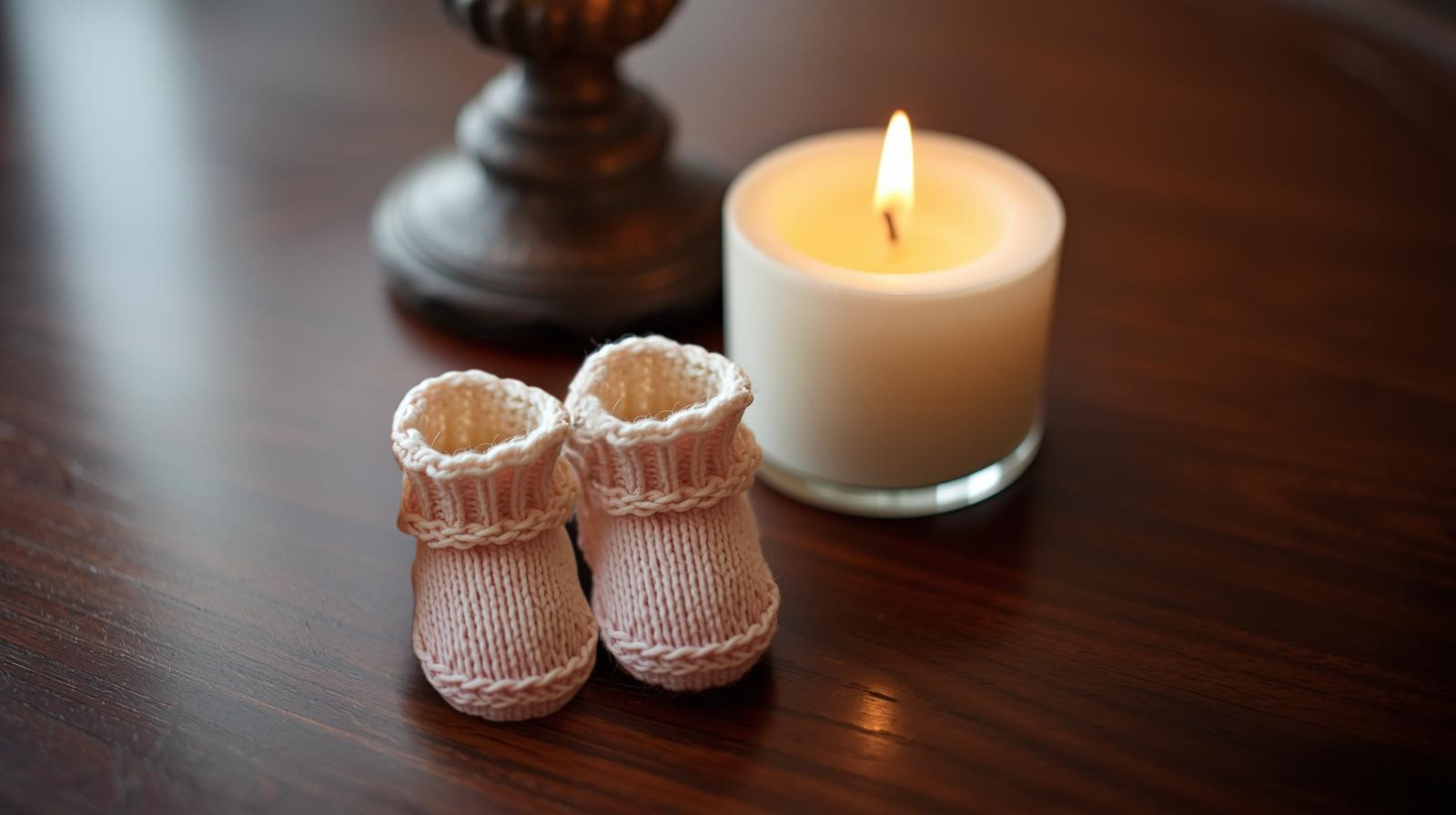 Ein Paar Babysöckchen, eine weiße brennende Kerze und ein Lampenständer auf einem braunem Holztisch.