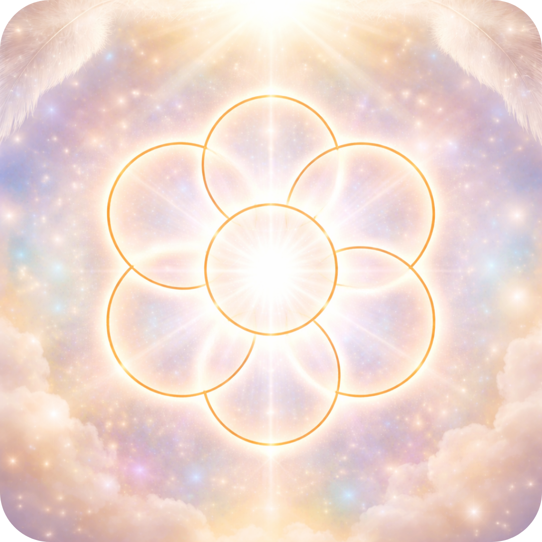 Spirituelles Symbol „Ei des Lebens“ aus der heiligen Geometrie mit sieben klar getrennten, goldenen Kreisen in harmonischer Anordnung, umgeben von sanftem, leuchtendem Licht, pastellfarbenen Energiefeldern, zarten Wolken und einer lichtvollen, engelsgleichen Atmosphäre.