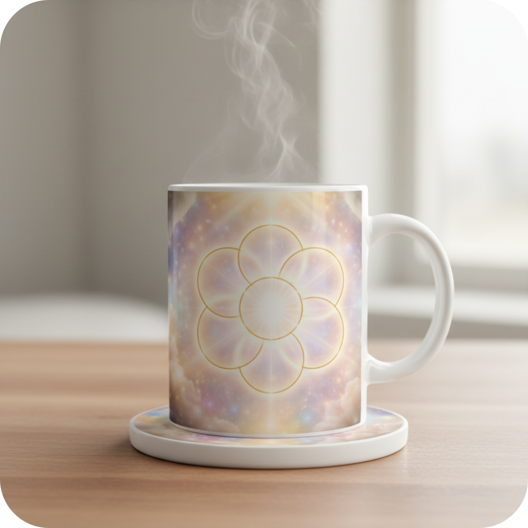 Auf einer großen Tasse ist das pirituelles Symbol „Ei des Lebens“ aus der heiligen Geometrie mit sieben klar getrennten, goldenen Kreisen in harmonischer Anordnung, gedruckt. Umgeben von sanftem, leuchtendem Licht, pastellfarbenen Energiefeldern, zarten Wolken und einer lichtvollen, engelsgleichen Atmosphäre.