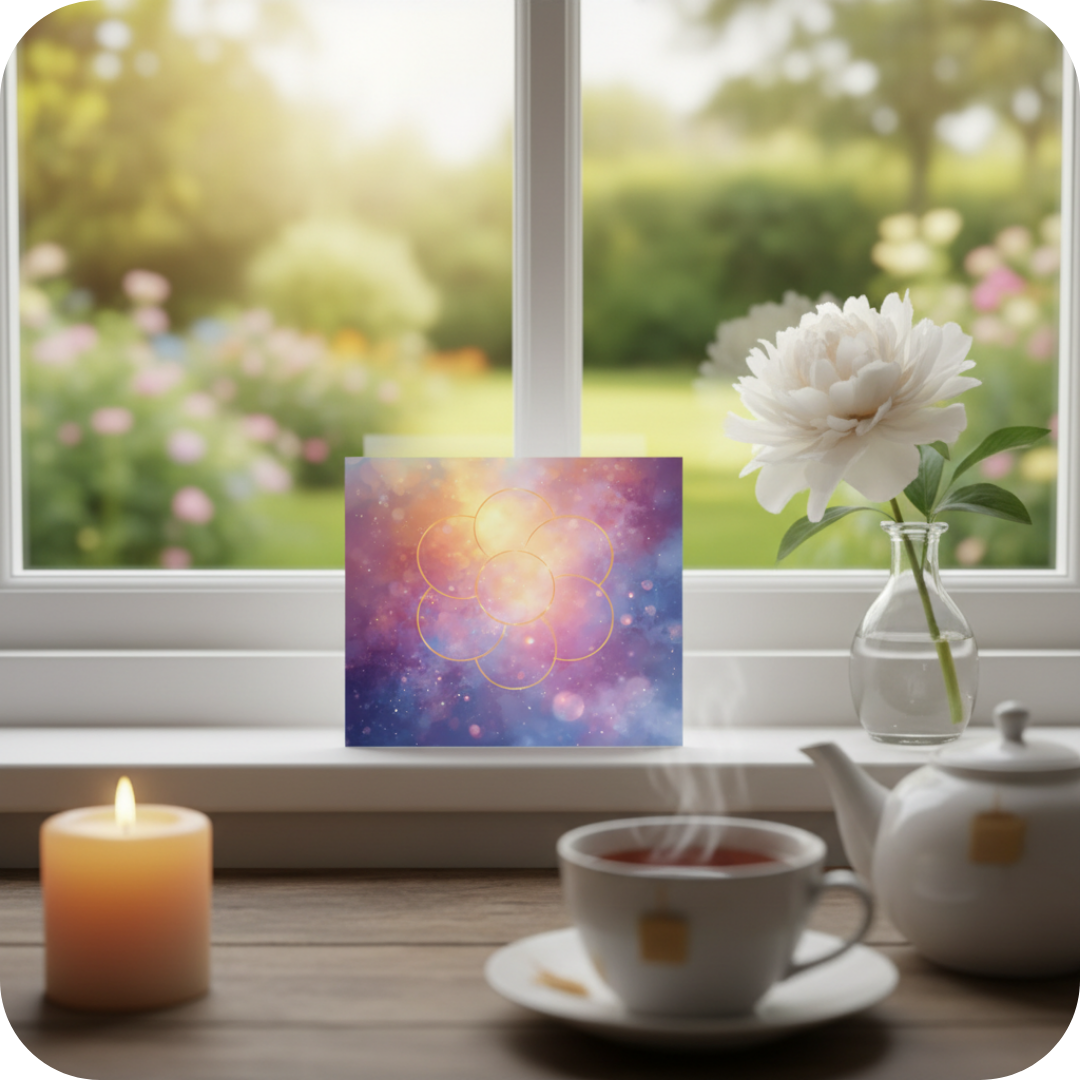 Spirituelles Symbol „Ei des Lebens“ aus der heiligen Geometrie mit sieben klar getrennten, goldenen Kreisen in harmonischer Anordnung, umgeben von sanftem, leuchtendem Licht, lila-pinken Energiefeldern und einer lichtvollen, engelsgleichen Atmosphäre steht als Postkarte auf einer Fensterbank. Auf dem Tisch eine Tasse Tee mit Teekanne und einer brennenden Kerze.