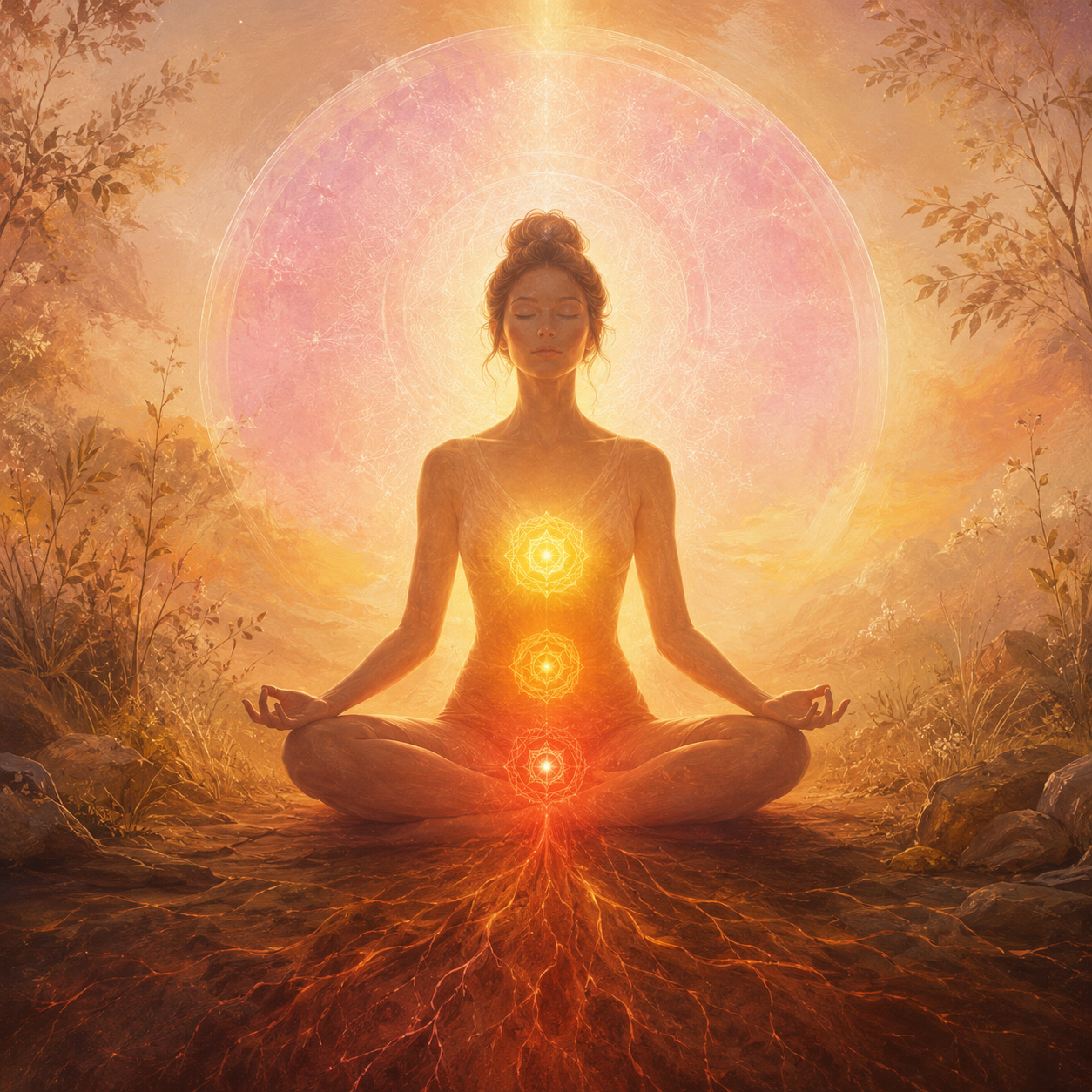 Eine Frau sitzt in meditativer Haltung auf dem Boden, Das Wurzel-, Sakral- und Nabelchakra leuchtet, es wachsen Wurzeln aus dem Wurzelchakra in die Erde.
