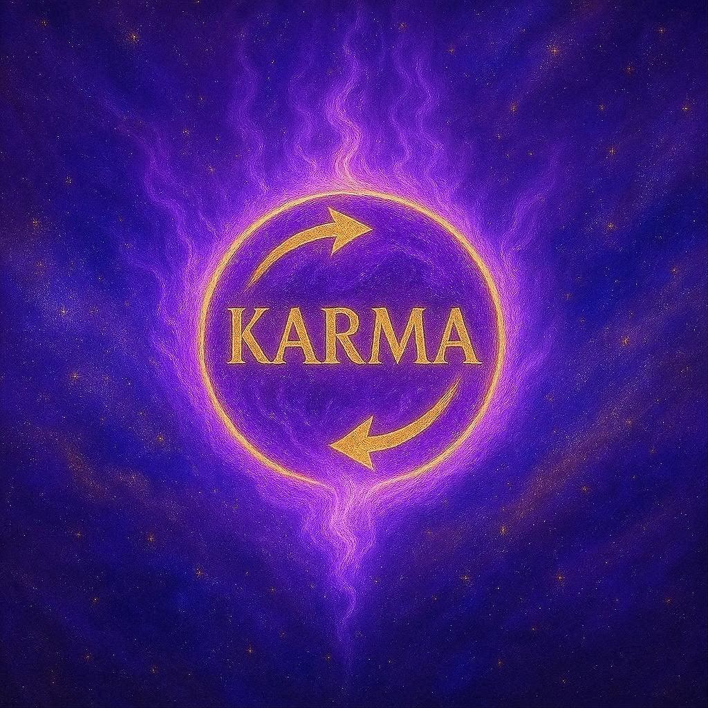Karmazeichen lila Bild mit goldenem Kreis, der unten geöffnet ist. Mittig das Wort Karma oben und unten im Kreis ein Pfeil nach rechts.