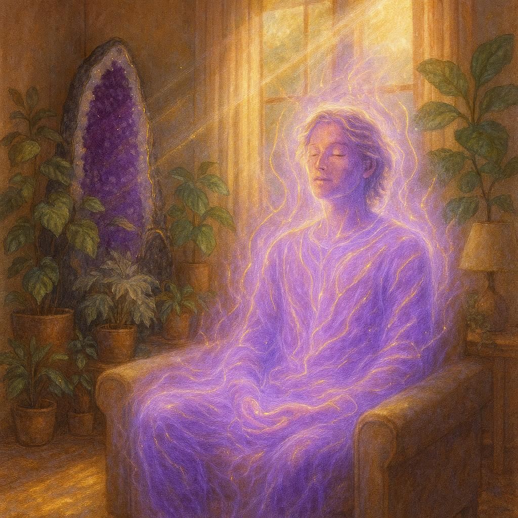 Mensch energie Jeremiel Ein Mensch sitzt in seinem Sessel und wir von einem hellviolettem Liht eingehüllt. eine große Amethystdruse steht zwischen grünen Pflanzen in der Ecke. sonnenlicht erhellt den Raum.