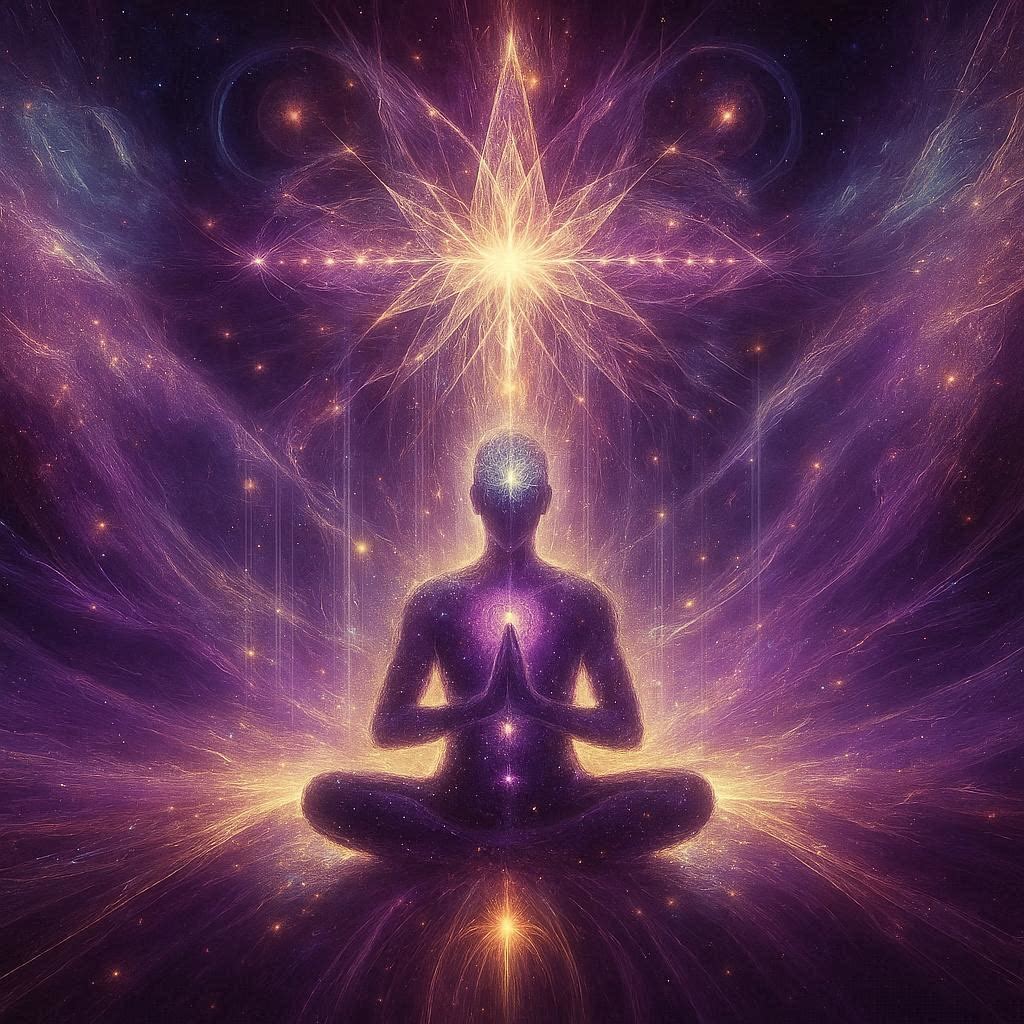 Mensch meditiert Jeremiel Kronenchakra eine menschliche Silouette in meditativer Haltung. Violettes Licht umgibt sie, helles Licht fließt ins Kronenchakra. Das Kronenchakra und weiter leuchten