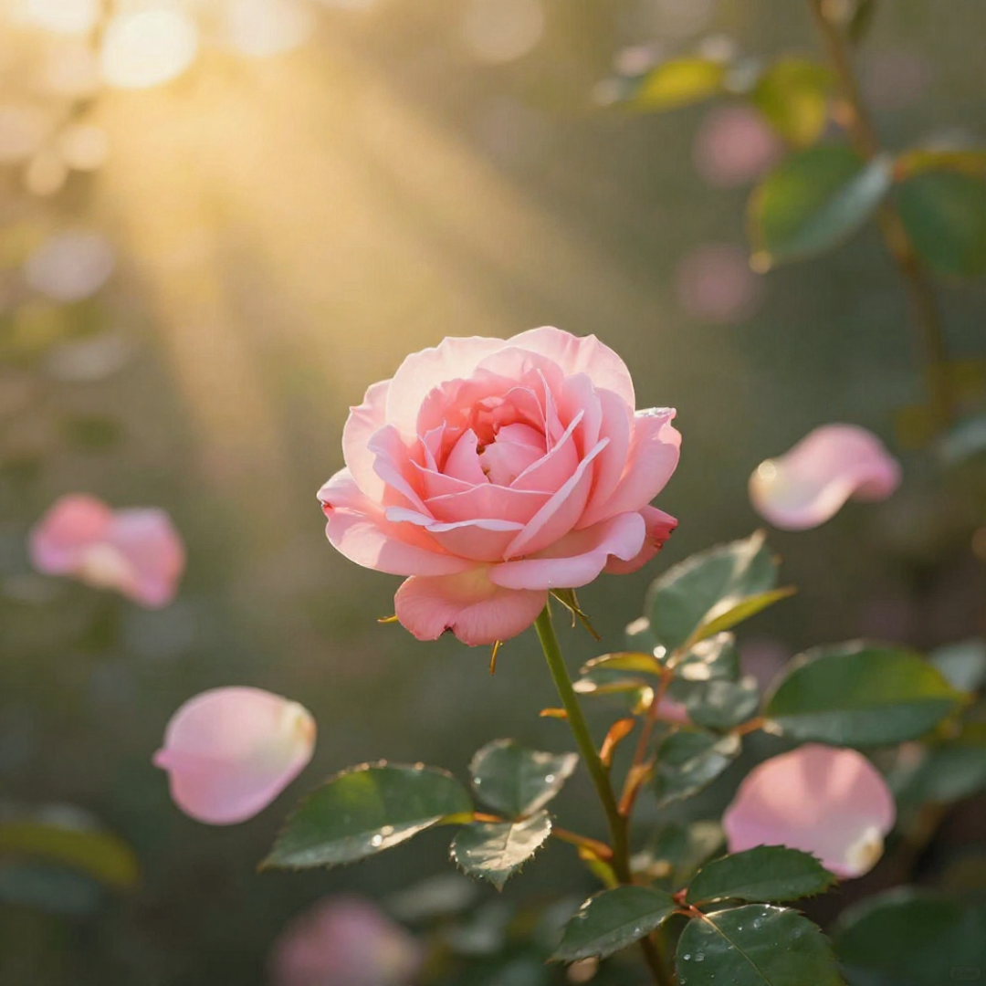 ein Sonnenstrahl fällt auf eine rosa Rose 