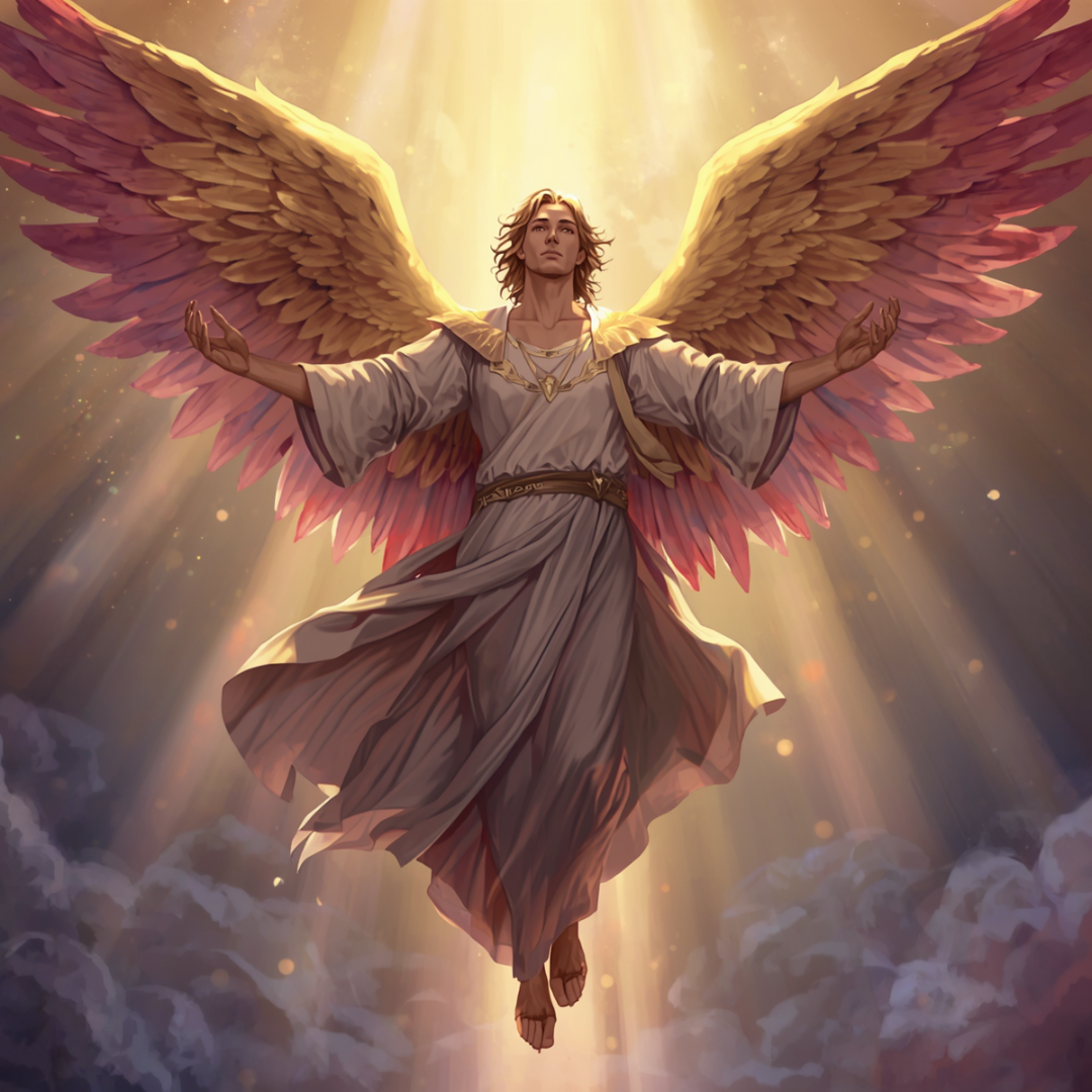 ei des lebens3 (4) ein Engel mit gold-magentafarbenen Flügeln zwischen Himmel und Erde<br />
