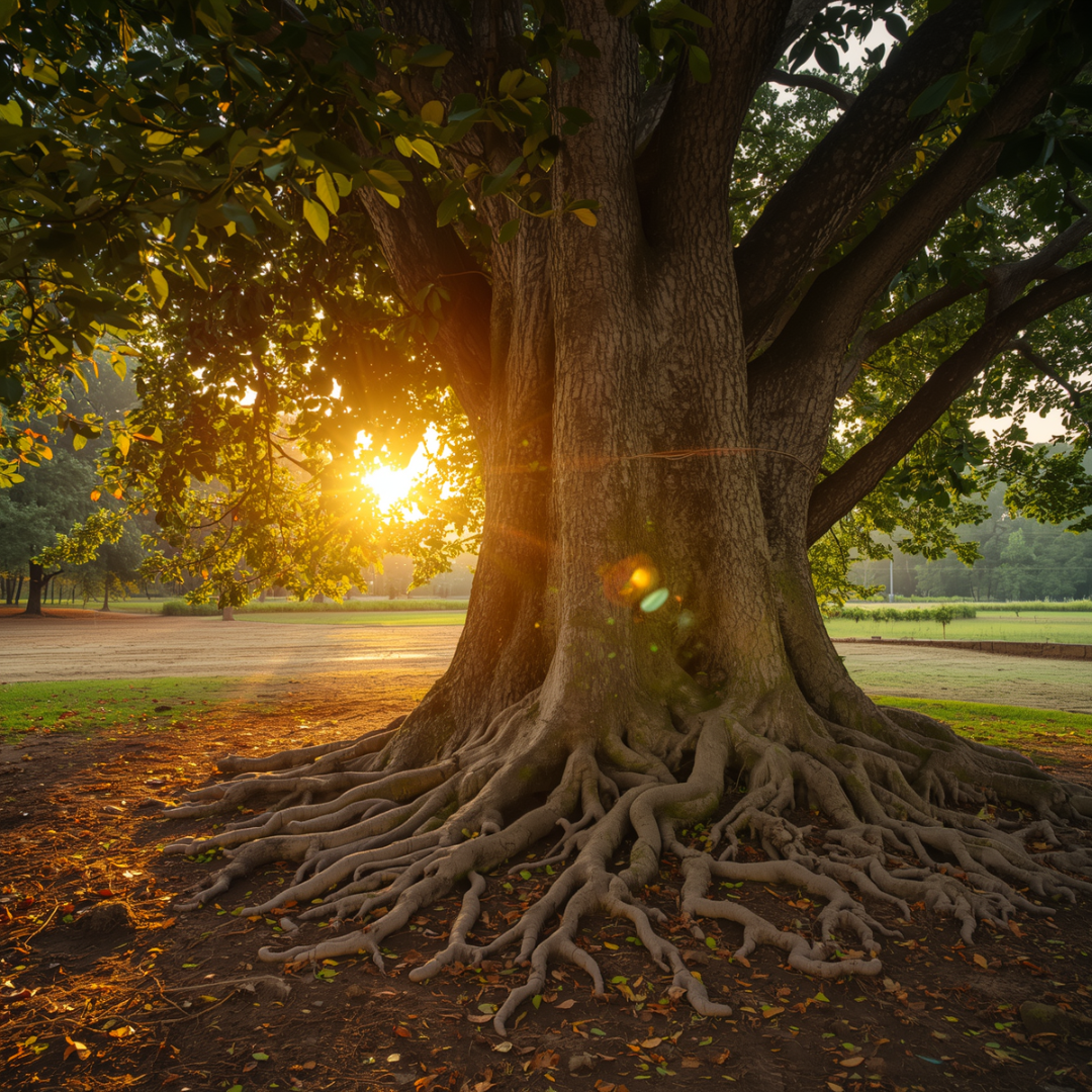 Bein kräftiger Baum mit dicken Wuzeln bei Sonnenaufgrang