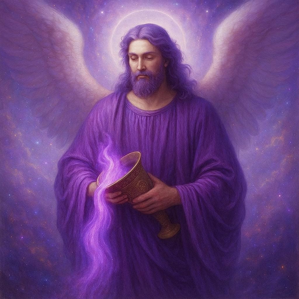 erzengel Jeremiel männlich Füllhorn älterer männlicher Engel in violetten Gewand mit einem Füllhorn in den Händen aus dem eine violette Flamme fließt.