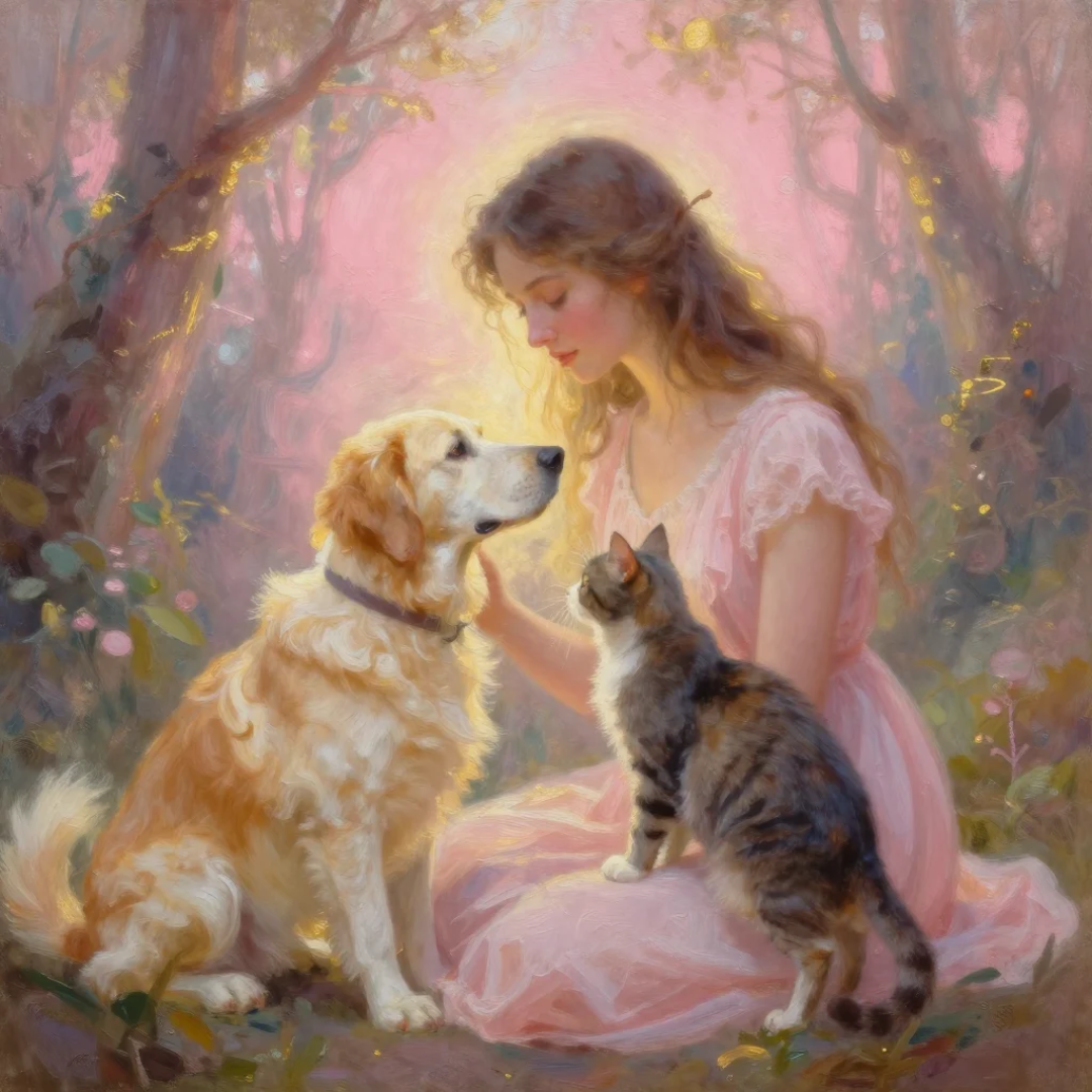 Frau in rosa Kleid mit Golden Retriever und Katze in einem Waldlichtung, malerischer Stil mit sanftem rosa-goldenem Licht.