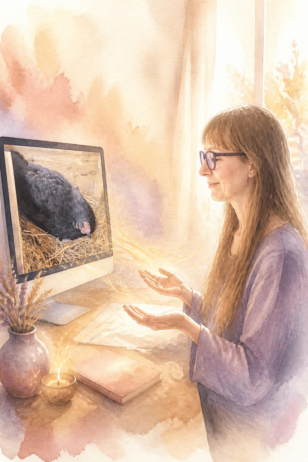 eine Frau sitzt am Schreibtisch und schaut auf dein Tierfoto auf dem PC-Bildschirm. Eine energetische 