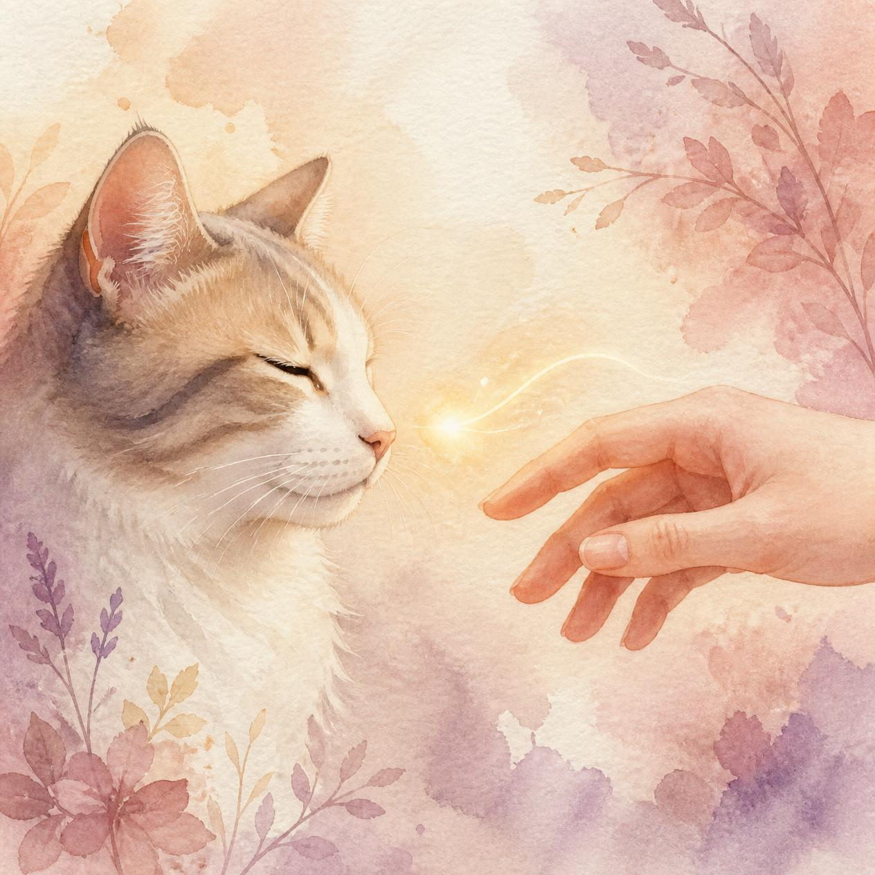 Zeichnung Nahaufnahme vom Gesicht einer Katze und einer Hand, die die Katze fast berührt, eine erergetisches Band ist zwischen beiden zu sehen.