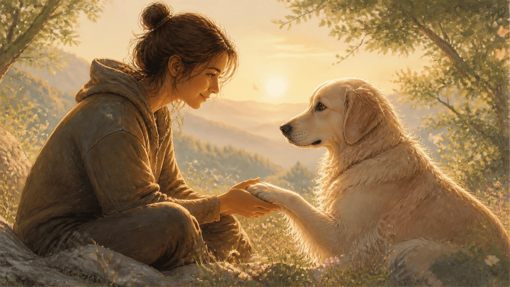 Zeichnung einer jungen Frau, die ihrem Hund gegenüber sitzt. Sie hält eine Pfote in ihrer Hand.